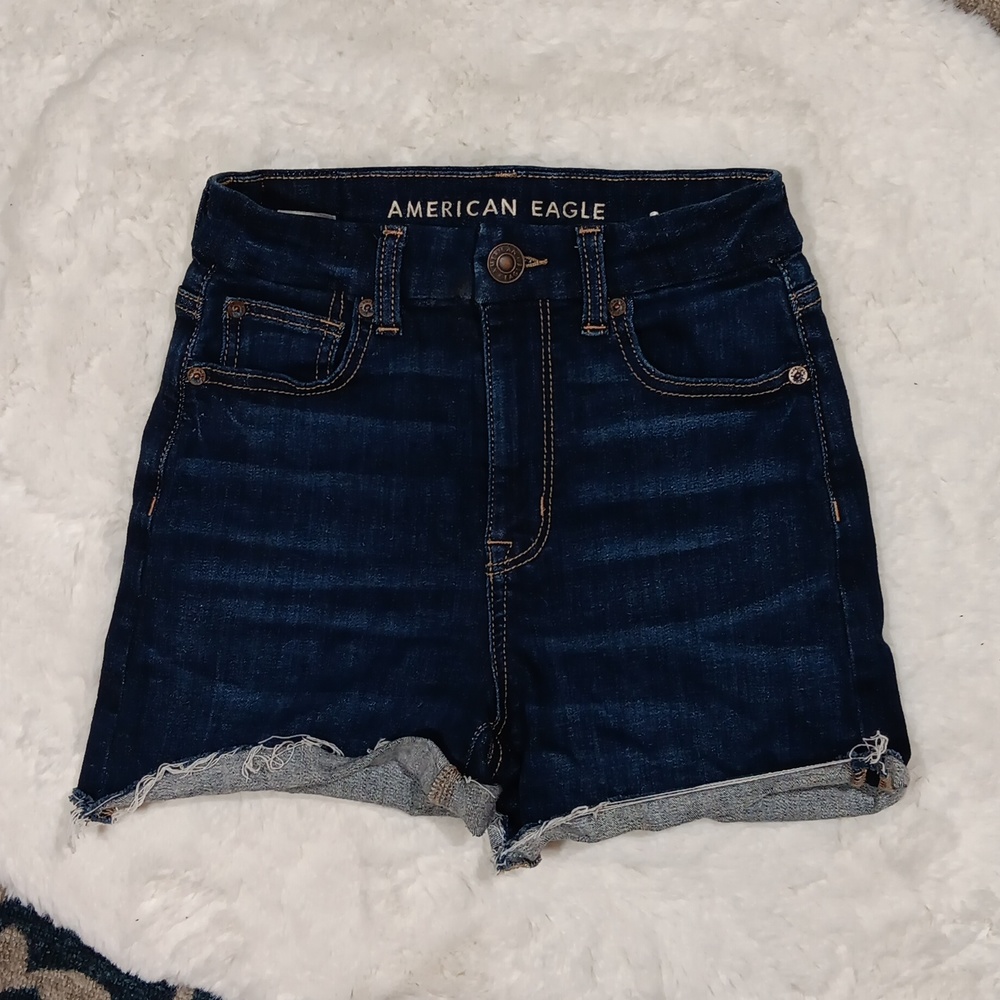 American eagle curvy hi rise shortie dark wash jean shorts